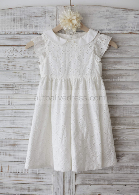 Peter Pan Collar Ivory Cotton Knee Length Flower Girl Dress Peter Pan Collar Ivory Cotton Knee Length Flower Girl Dress